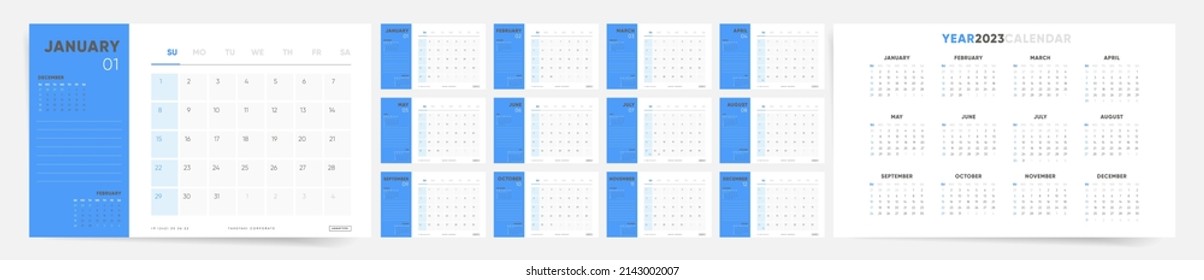 Modern 2023 horizontal monthly calendar
