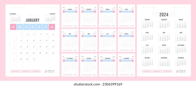 Modern 2024 Calendar Design in Pink and Blue Colors. Monthly Layouts, Printable for Home or Office Use.