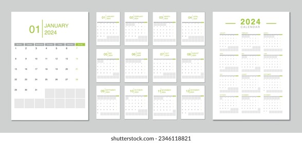 Modern 2024 calendar. week start Monday. Editable 2024 calendar design template for happy new year