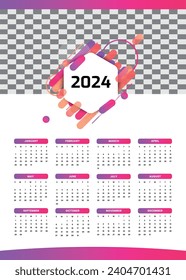 Modern 2024 Calender Blue Pink Gradient one page calender abstract Vector