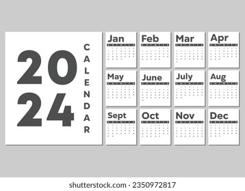 Modern 2024 new year calendar design template with black color, perfect for office, company, school, social media, advertising, printing and more