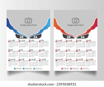 Modern 2024 wall calendar design, Print Ready One Page wall calendar template design 2024