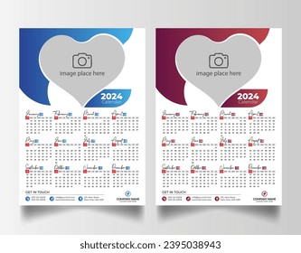 Modern 2024 wall calendar design, Print Ready One Page wall calendar template design 2024