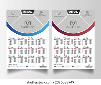 Diseño moderno de calendario de pared 2024, diseño de plantilla de calendario de pared de una página preparado para impresión 2024