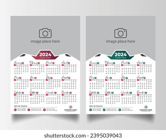 Modern 2024 wall calendar design, Print Ready One Page wall calendar template design 2024
