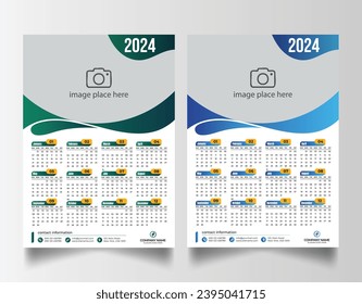 Modern 2024 wall calendar design, Print Ready One Page wall calendar template design 2024