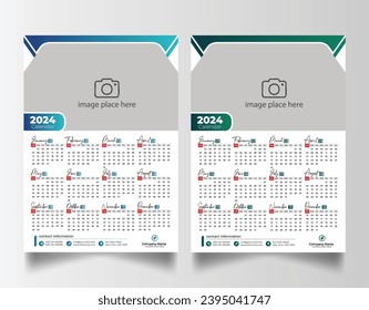 Modern 2024 wall calendar design, Print Ready One Page wall calendar template design 2024