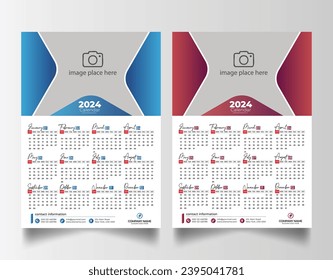 Modern 2024 wall calendar design, Print Ready One Page wall calendar template design 2024