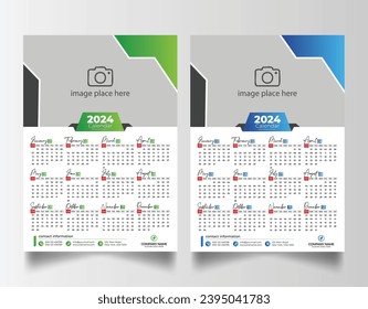 Diseño moderno de calendario de pared 2024, diseño de plantilla de calendario de pared de una página preparado para impresión 2024