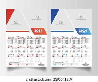 Modern 2024 wall calendar design, Print Ready One Page wall calendar template design 2024