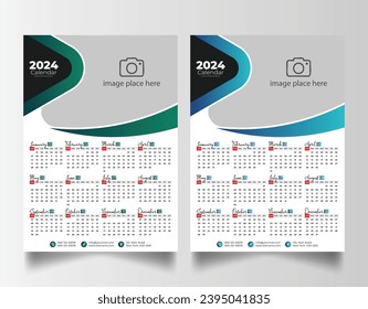 Diseño moderno de calendario de pared 2024, diseño de plantilla de calendario de pared de una página preparado para impresión 2024