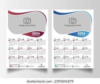 Modern 2024 wall calendar design, Print Ready One Page wall calendar template design 2024