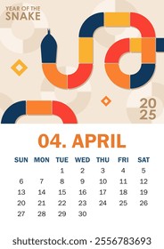 Modern 2025 calendar design for April featuring a geometric serpent in vibrant beige, orange, blue, red symbolizing Year of the Snake. Ideal for corporate calendars, holiday gifts, or wall decor.