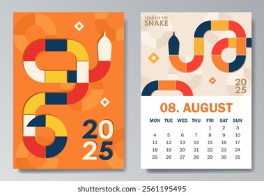 Modern 2025 calendar design for August featuring a geometric serpent in vibrant beige, orange, blue, red symbolizing Year of the Snake. Ideal for corporate calendars, holiday gifts, or wall decor.