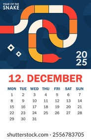 Modern 2025 calendar design for December featuring a geometric serpent in vibrant orange, blue, red, white symbolizing Year of the Snake. Ideal for corporate calendars, holiday gifts, or wall decor.