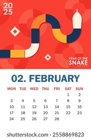 Modern 2025 calendar design for February featuring a geometric serpent in vibrant red, orange, blue, white symbolizing Year of the Snake. Ideal for corporate calendars, holiday gifts, or wall decor.