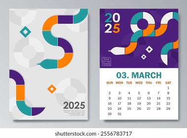 Modern 2025 calendar design for March featuring a geometric serpent in vibrant purple, cyan, orange, white symbolizing Year of the Snake. Ideal for corporate calendars, holiday gifts, or wall decor.