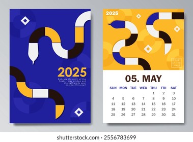 Modern 2025 calendar design for May featuring a geometric serpent in vibrant blue, yellow, black, white symbolizing Year of the Snake. Ideal for corporate calendars, holiday gifts, or wall decor.