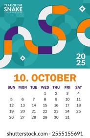 Modern 2025 calendar design for October featuring a geometric serpent in vibrant cyan, orange, purple, white symbolizing Year of the Snake. Ideal for corporate calendars, holiday gifts, or wall decor.