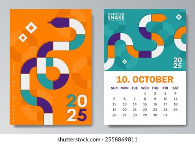 Modern 2025 calendar design for October featuring a geometric serpent in vibrant cyan, orange, purple, white symbolizing Year of the Snake. Ideal for corporate calendars, holiday gifts, or wall decor.