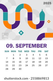 Modern 2025 calendar design for September featuring geometric serpent in vibrant cyan, orange, purple, white symbolizing Year of the Snake. Ideal for corporate calendars, holiday gifts, or wall decor.