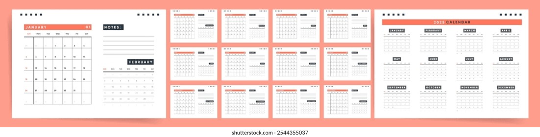 Modern 2025 calendar with notes section, minimalist orange and white design, monthly and yearly overview