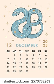 Modern 2025 calendar page for December with blue decorative snake. Week starts on Sunday. Perfect for desk or wall calendars, planners, or promotional materials, corporate calendars for the Year of