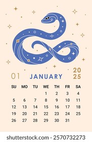 Modern 2025 calendar page for January with blue snake. Week starts on Sunday. Perfect for desk or wall calendars, planners, or promotional materials, corporate calendars for the Year of the Snake