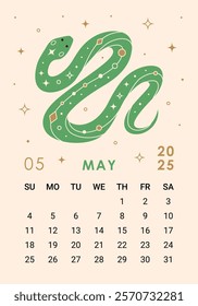 Modern 2025 calendar page for May with green snake. Week starts on Sunday. Perfect for desk or wall calendars, planners, or promotional materials, corporate calendars for the Year of the Snake