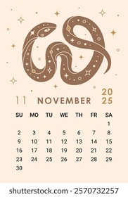Modern 2025 calendar page for November with brown snake. Week starts on Sunday. Perfect for desk or wall calendars, planners, or promotional materials, corporate calendars for the Year of the Snake