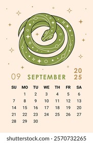 Modern 2025 calendar page for September with green coiled snake. Week starts on Sunday. Perfect for desk or wall calendars, planners, or promotional materials, corporate calendars for the Year of the