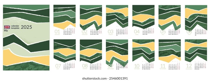 Modern 2025 calendar set with vintage, eco-friendly design. Featuring aerial views of rice fields, tea farms, vineyard, wheat in abstract, geometric patterns. Stylish collage of nature and agriculture