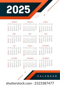 modern 2025 new year english calendar template printable design vector