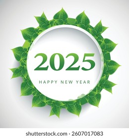 Modern 2025 New Year Greeting Card Design with Green Leaf Wreath and Elegant Typography on Soft Gradient Background