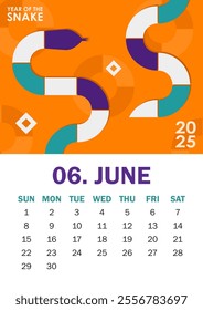 Modern 2025 orange calendar design for June featuring a geometric serpent in vibrant purple, cyan, white symbolizing Year of the Snake. Ideal for corporate calendars, holiday gifts, or wall decor.