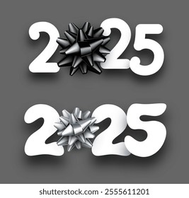 Modern 2025 typography featuring black and silver bows on a sleek gray background. Perfect for contemporary holiday greetings and New Year designs.