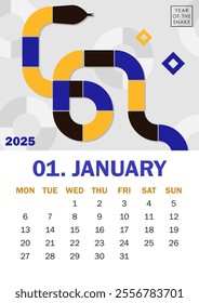 Modern 2025 white calendar design for January featuring a geometric serpent in vibrant blue, yellow, black symbolizing Year of the Snake. Ideal for corporate calendars, holiday gifts, or wall decor.