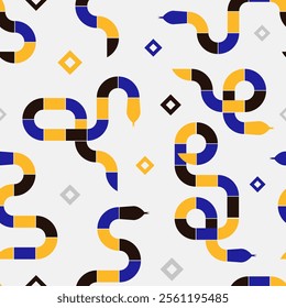 Modern 2025 Year of the Snake abstract seamless pattern with geometric snakes in black, yellow and navy on white background. Endless print illustration, wrapping paper, textile, fabric. Bauhaus design
