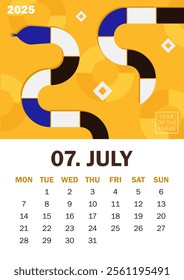 Modern 2025 yellow calendar design for July featuring a geometric serpent in vibrant blue, white, black symbolizing Year of the Snake. Ideal for corporate calendars, holiday gifts, or wall decor.