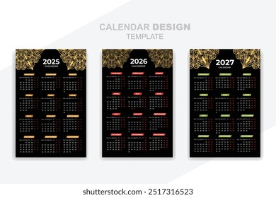 Modern 2025,2026,2027 new calendar template print ready design