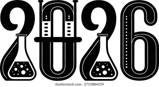 Moderno 2026 construído usando tubos de ensaio de vidro com decorações artísticas, conceito abstrato científico e futurista, adequado para projetos visuais de laboratório, educacionais e criativos.