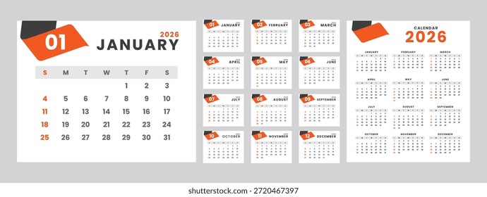 Moderno conjunto de diseño de calendario 2026 con diseño minimalista limpio, calendario de año completo y páginas mensuales, estilo corporativo profesional, inicio de domingo, tema de color naranja y gris, Plantilla de calendario