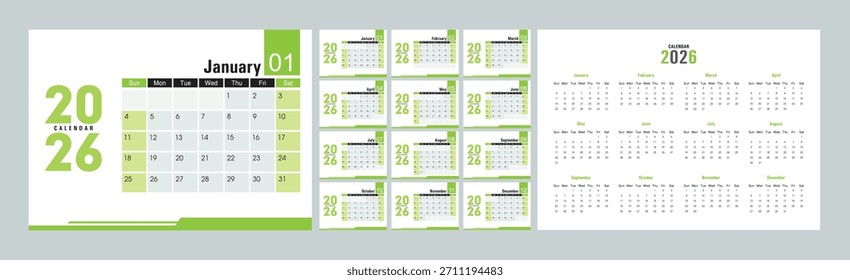 Diseño moderno del calendario 2026 con acentos verdes limpios, con vistas mensuales y anuales en un diseño mínimo y organizado adecuado para la planificación y programación.