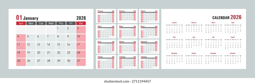 Modern 2026 calendar layout featuring monthly grids, clean typography, and red highlights, perfect for planning, scheduling, and organizational design use.