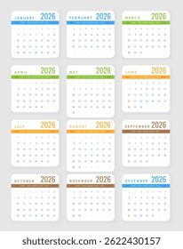 Modern 2026 Calendar Template with Colorful Monthly Design, Clean Layout, Perfect for Business Planning, Office Use, and Personal Organization. Minimalist Editable Vector Illustration.