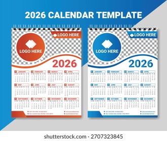 Diseño moderno de la Plantilla del calendario 2026 con el espacio para las Fotos y los logotipos