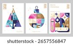 Modern 2026 Christmas and New Year Greeting Cards Set. 2026 Christmas and New Year greeting cards with geometric abstract elements, holiday marketing, print design, seasonal branding. Vector 
