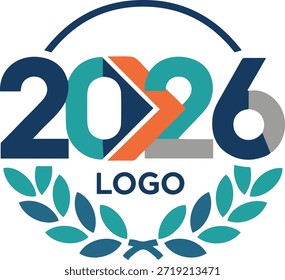 Diseño de logotipo moderno de 2026 con tipografía geométrica estilizada en azul oscuro, verde azulado y naranja. El cero incorpora una forma de flecha que apunta hacia adelante, y la composición está enmarcada por un arco semicircular arriba 