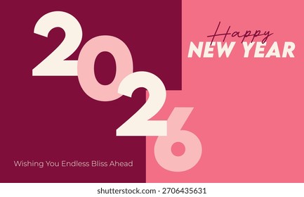 Un fondo moderno del año Nuevo 2026 con un diseño creativo de bloques de colores divididos en marrón y rosa, con una tipografía blanca audaz y cálidos deseos navideños