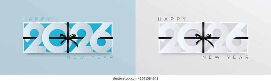 Modern 2026 New Year design featuring bold white numerals wrapped in a black ribbon and bow, presented in blue and grey minimal backgrounds.